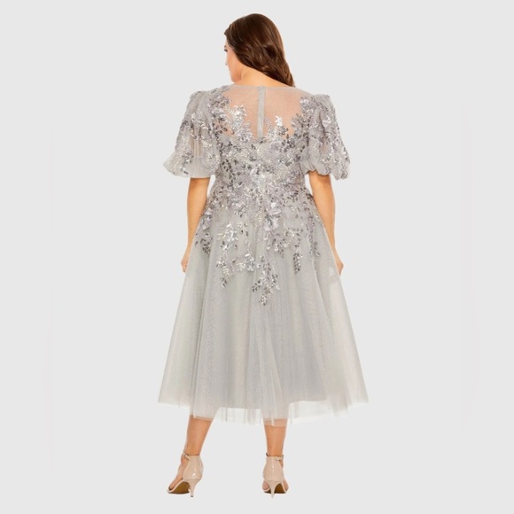 Mac Duggal 20475 Gray Puff Sleeve Glitter Embellished Dress - Picture 4 of 12